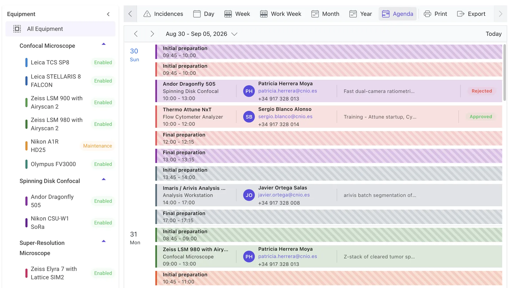 Agenda view listing bookings with the researcher, purpose and an approval status of approved or rejected.