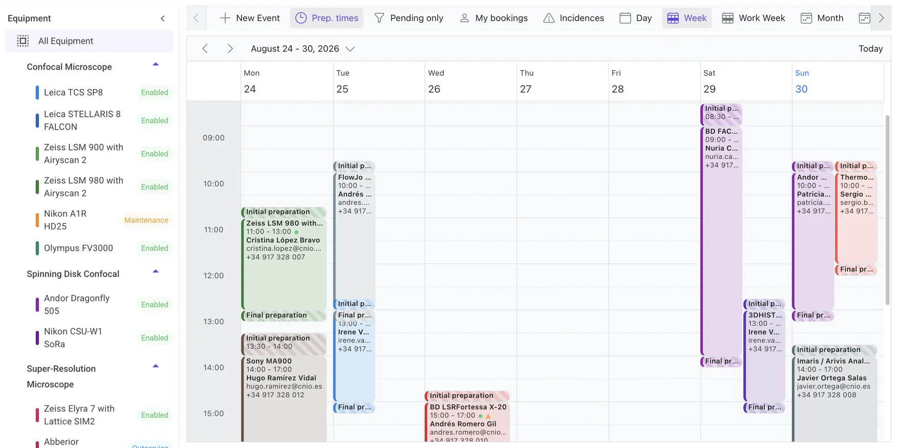 Booking calendar in week view: one colour-coded lane per instrument, with preparation buffers shown before and after each reservation.