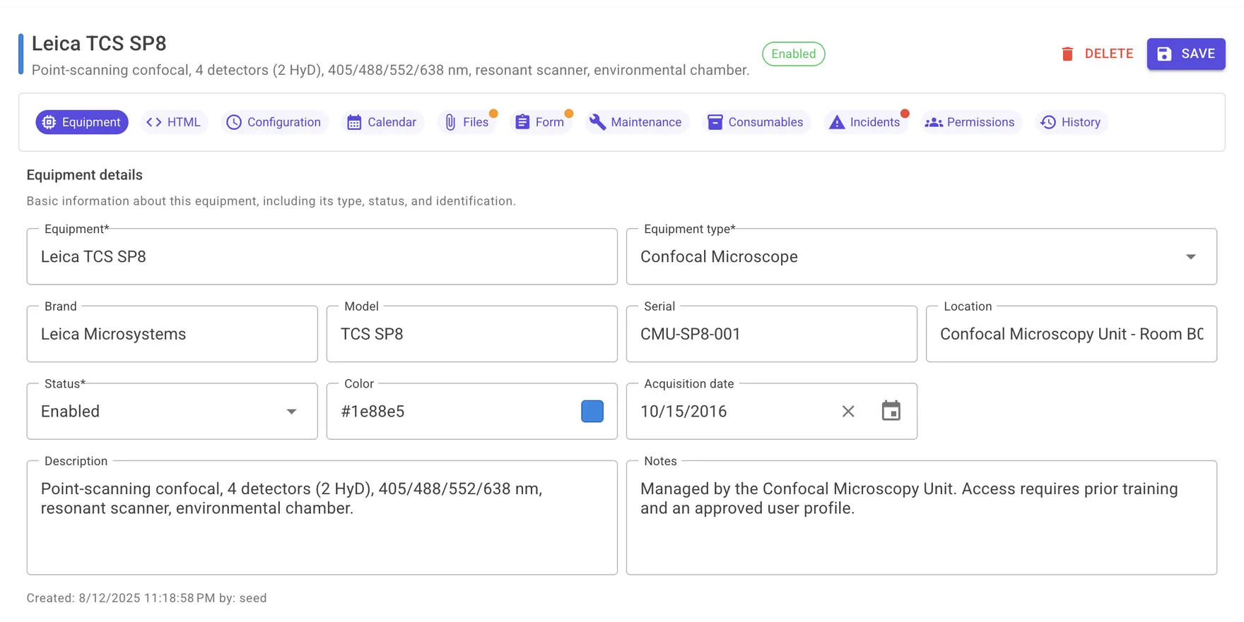 Equipment record for a confocal microscope, with tabs for configuration, calendar, files, forms, maintenance, consumables, incidents, permissions and history.